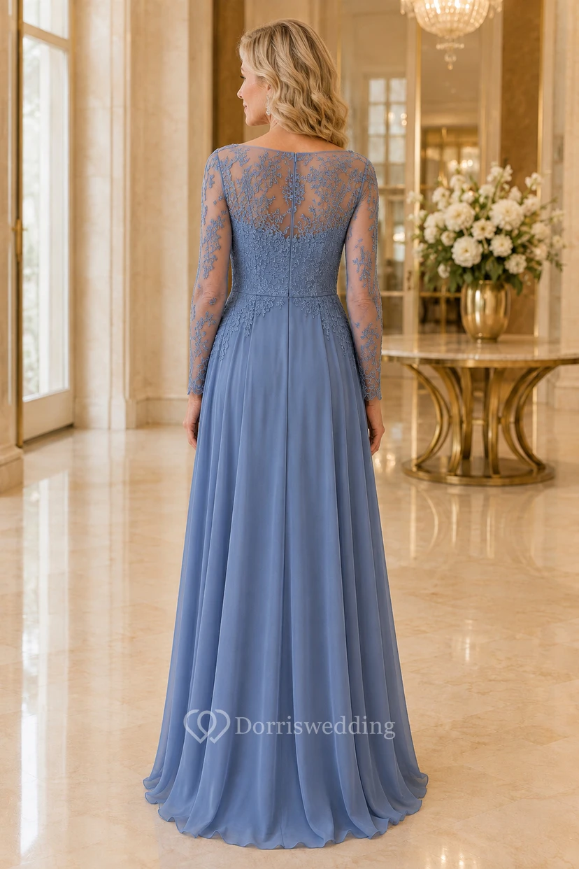 MOB-Kleid, stahlblau, Chiffon, Spitze, A-Linie, lange Ärmel, U-Boot-Ausschnitt, bodenlang view 2