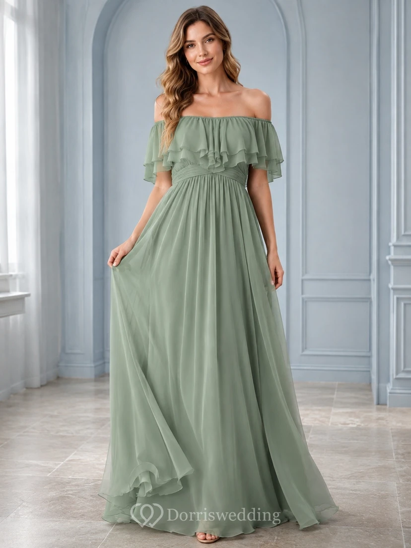 Formelles schulterfreies, bodenlanges Brautjungfernkleid aus Chiffon mit Rüschen in A-Linien-Form