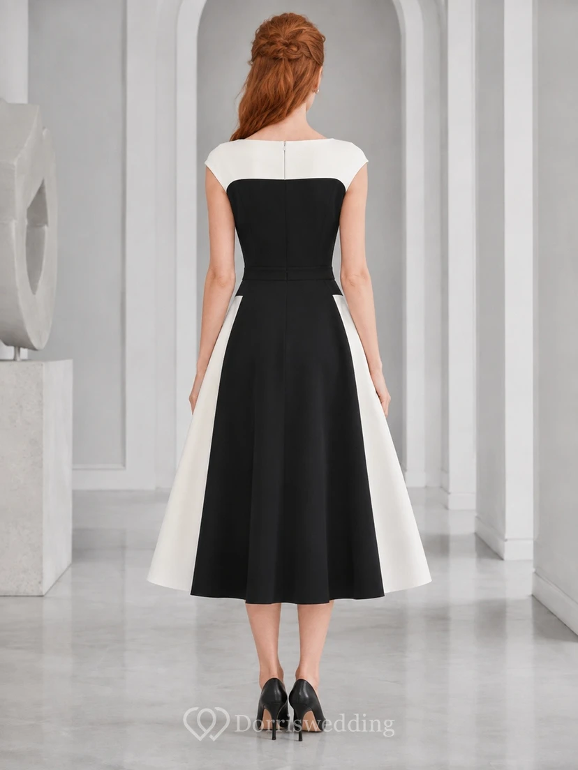 Schwarzes Vintage-Abendkleid in Teelänge mit weißen Flügelärmeln und A-Linien-Schnitt view 2