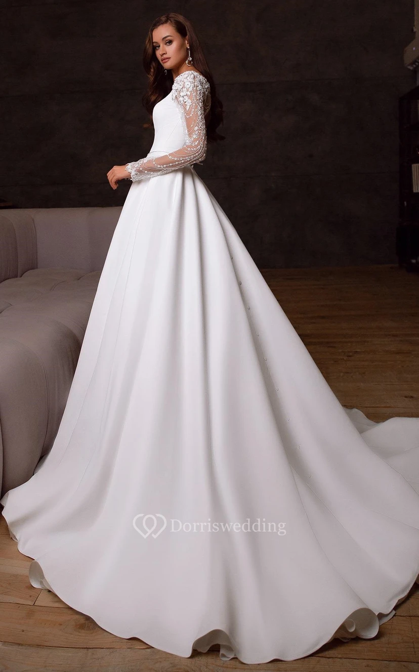 Lässiges A-Linien-Hochzeitskleid aus Satin mit eckigem Ausschnitt, Korsettrücken und Perlenstickerei view 2