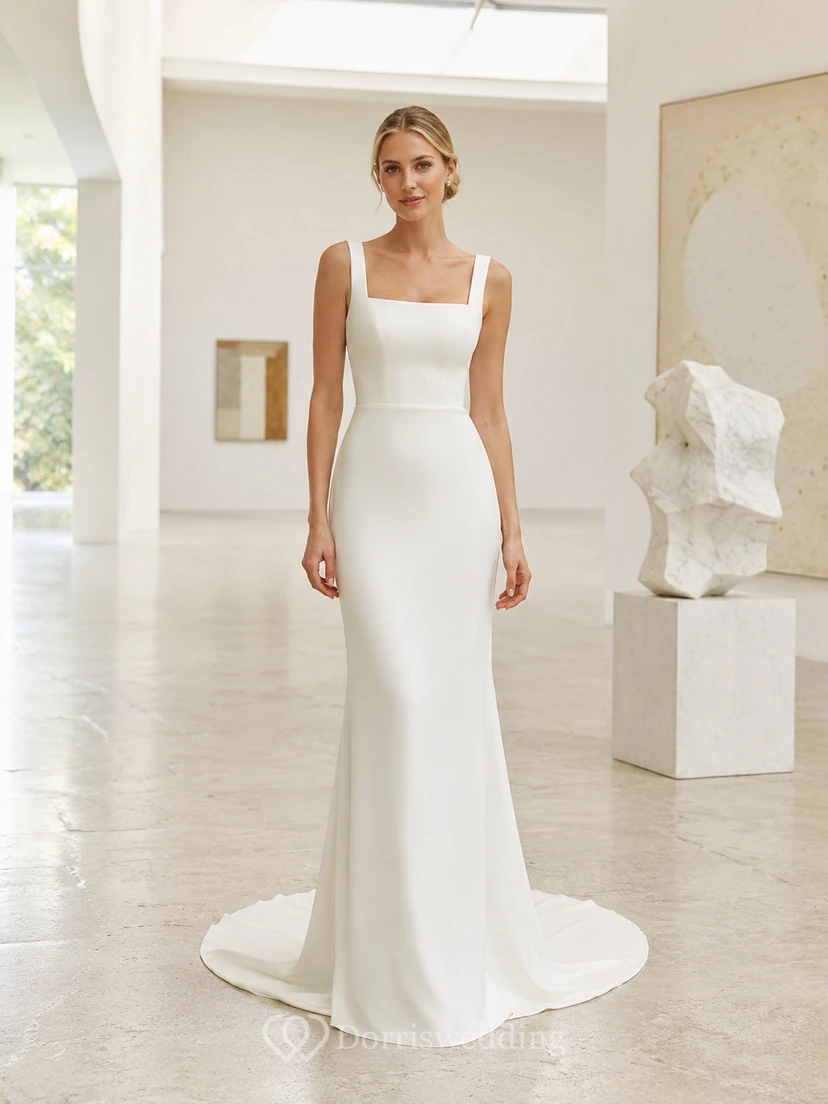 Minimal Square Neck Crepe Column Art Gallery Bridal Gown