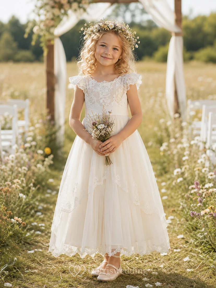 Bohemian Lace Flower Girl Dress with Petal Sleeves, Tulle A-Line Skirt, Floral Lace Bodice, and Floor-Length Outdoor Style
