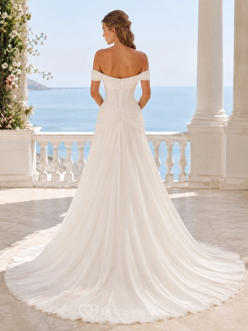 Vestido de novia de playa con escote Bardot, drapeado y corte A view 2