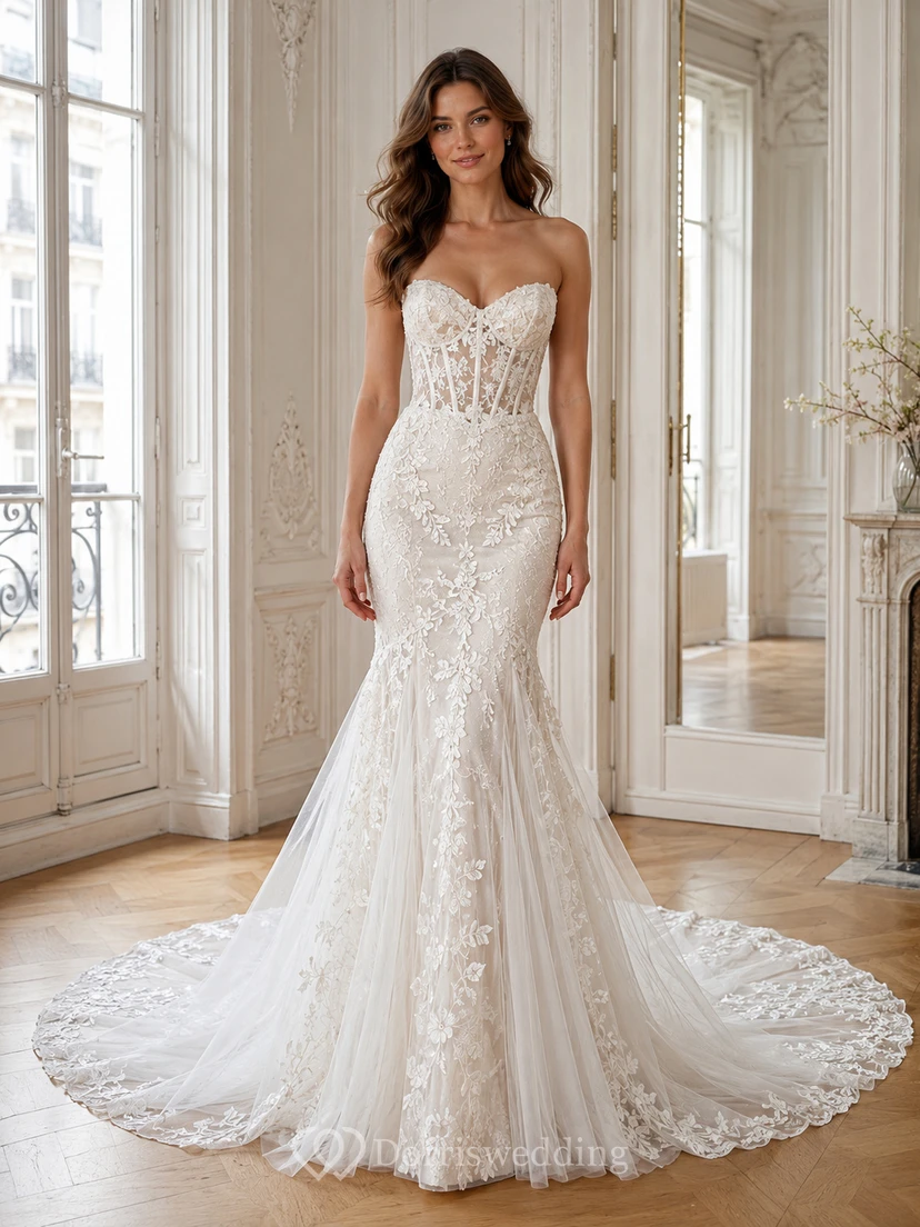 Robe de mariée sirène classique en dentelle, bustier cœur, traîne chapelle, ornée d'appliqués floraux, idéale pour une cérémonie.