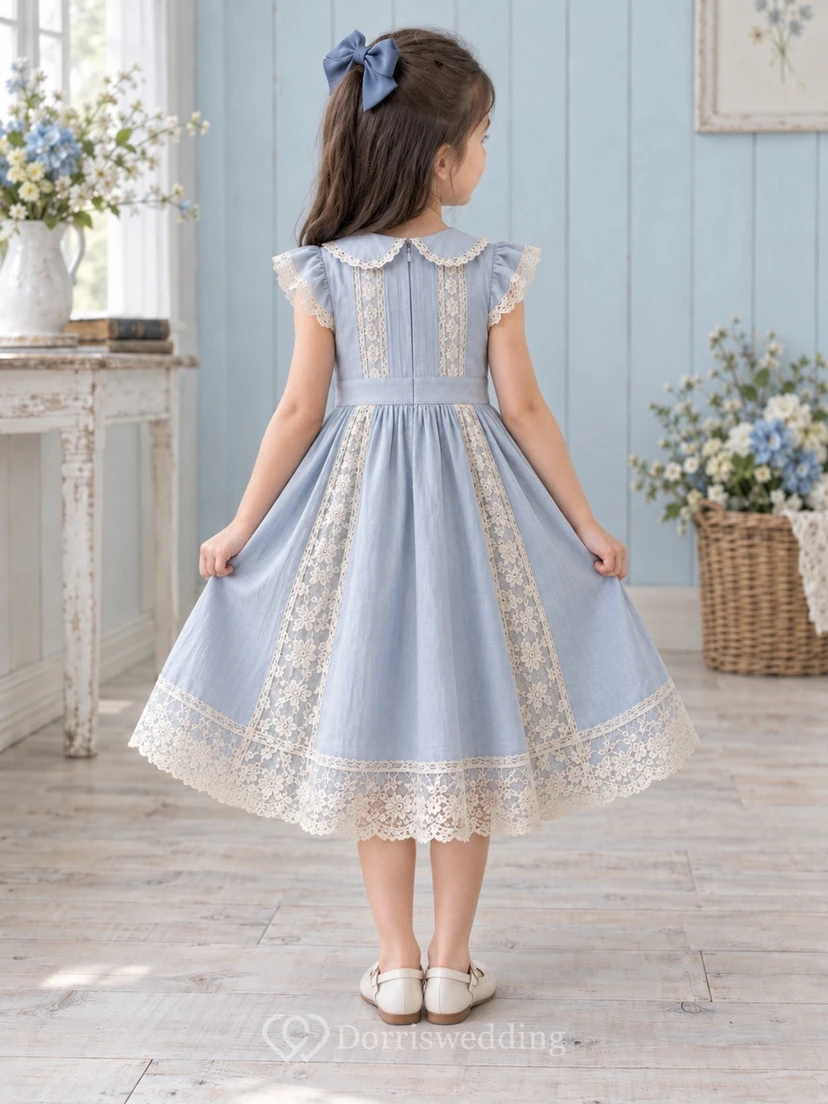 Tea-length Vintage Blue A-Line Lace Flutter-Sleeve Inset-Panels Peter-Pan-Collar Flowergirl Dress view 2