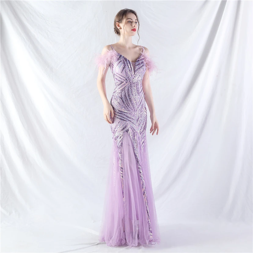 Crafted Ostrich Feather Stacked Sequins Splicing Mesh Gauze High-End Evening Dress Clothes view 93
