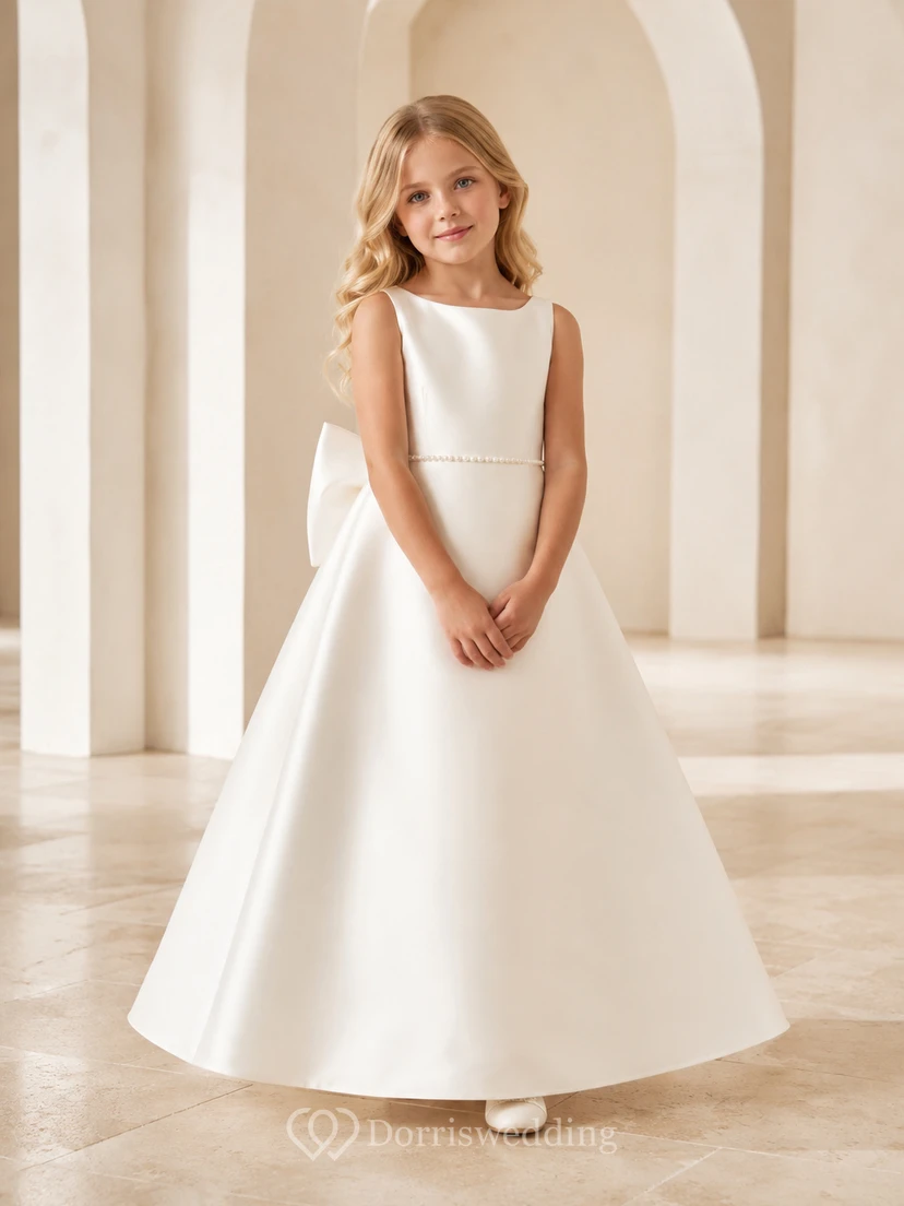 Flower Girl Dress Ivory Satin A-Line Jewel Neck Tea Length Bow Detail