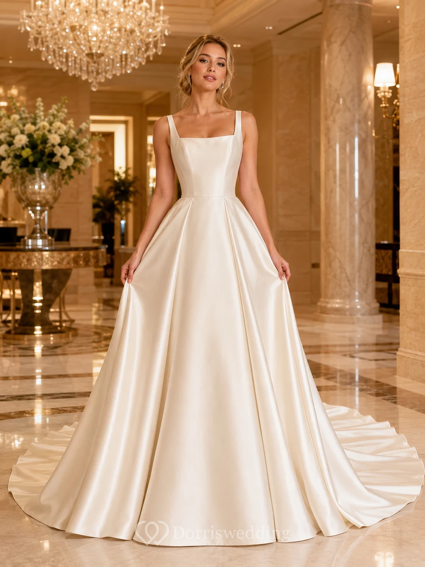 Champagne Square Neck Satin Hotel Ball Gown Bridal Dress