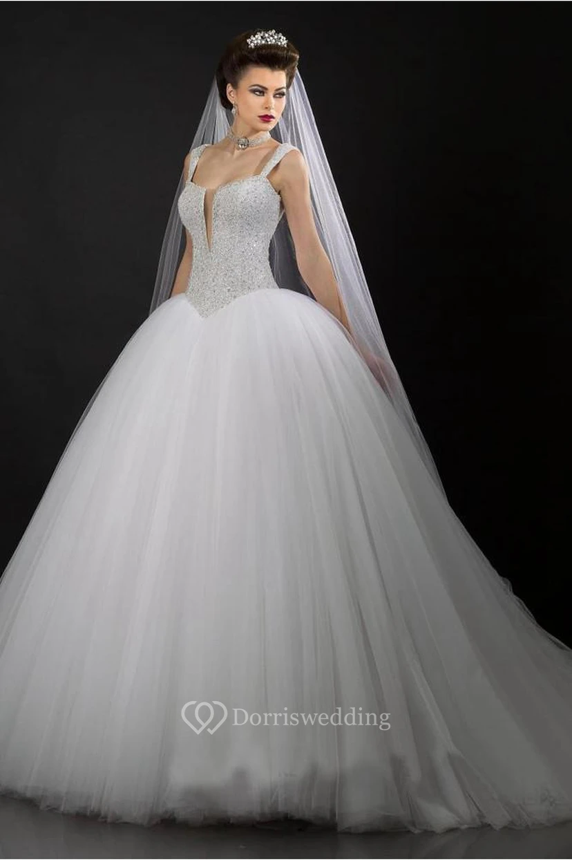 Modern V-neck Tulle Ball Gown Wedding Dress Sequins Beadings