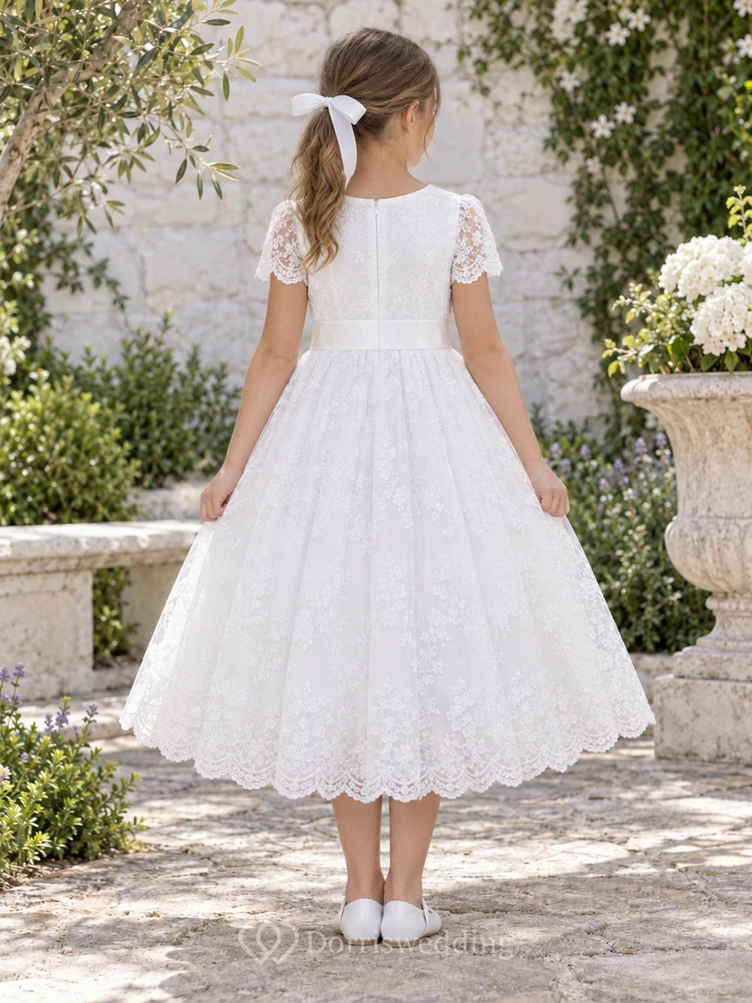 Modest White Tea-length Jewel Neck Short Sleeve Full Lace Communion Dress view 2