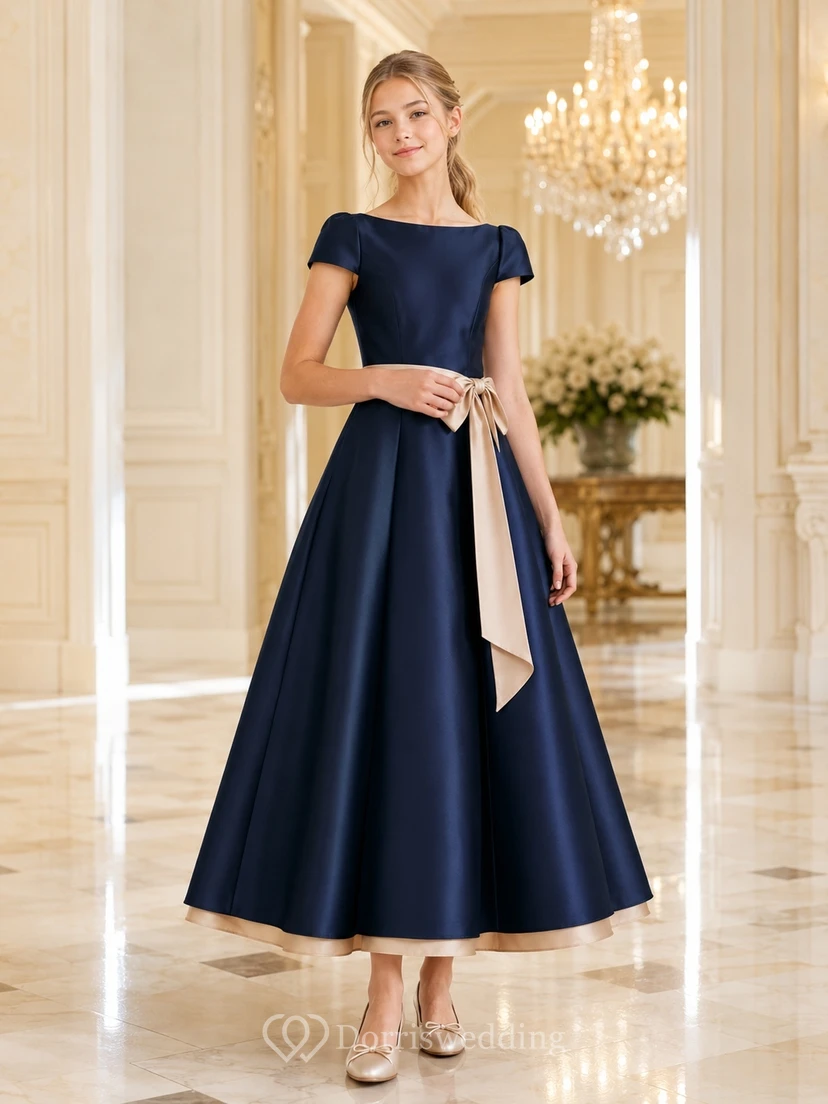 Dunkelblaues Brautjungfernkleid für junge Damen, A-Linie, eckiger Schnitt, kurze Flügelärmel, Satinschärpe/Band, elegant