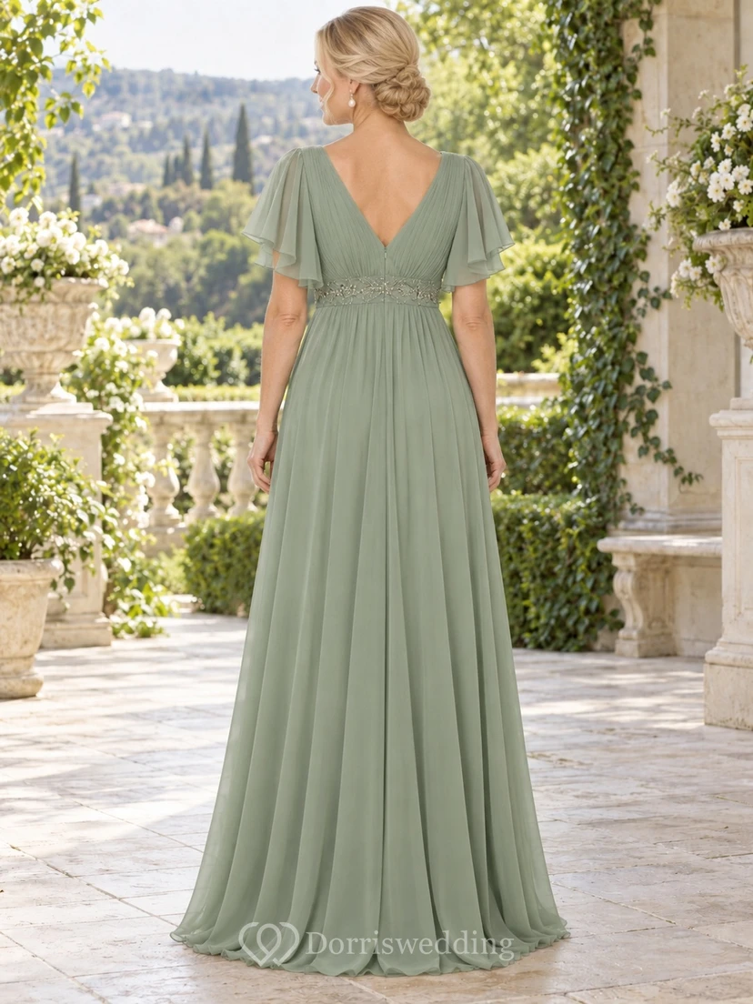 Vestido de gasa de corte imperio, largo hasta el suelo, con escote en V, mangas acampanadas y detalles de cuentas, ideal para la madre de la novia. view 2