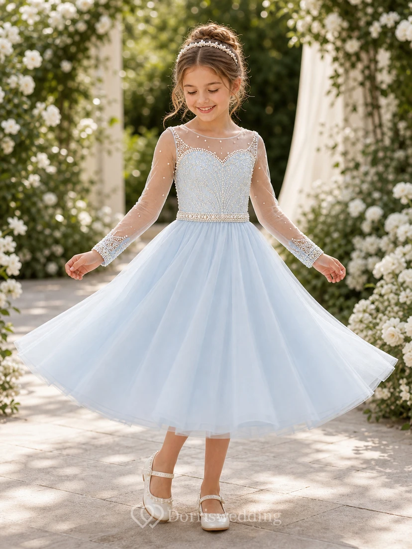 A-line Tea-length Long Sleeve Illusion Tulle Lace Flower Girl Dress with White satin skirt with long illusion lace sleeves view 5