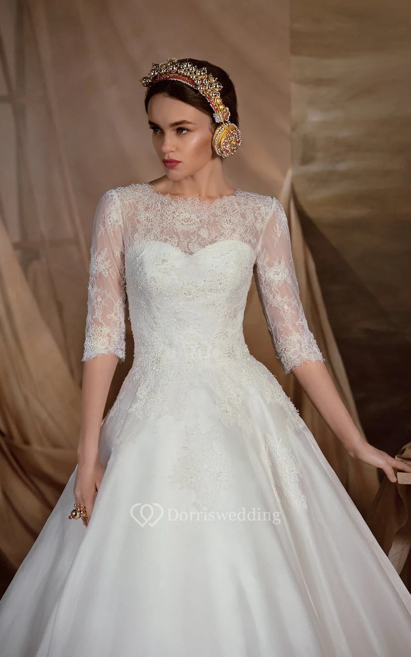 A-Line Floor-Length Bateau Half-Sleeve Low-V-Back Organza Dress With Lace view 2