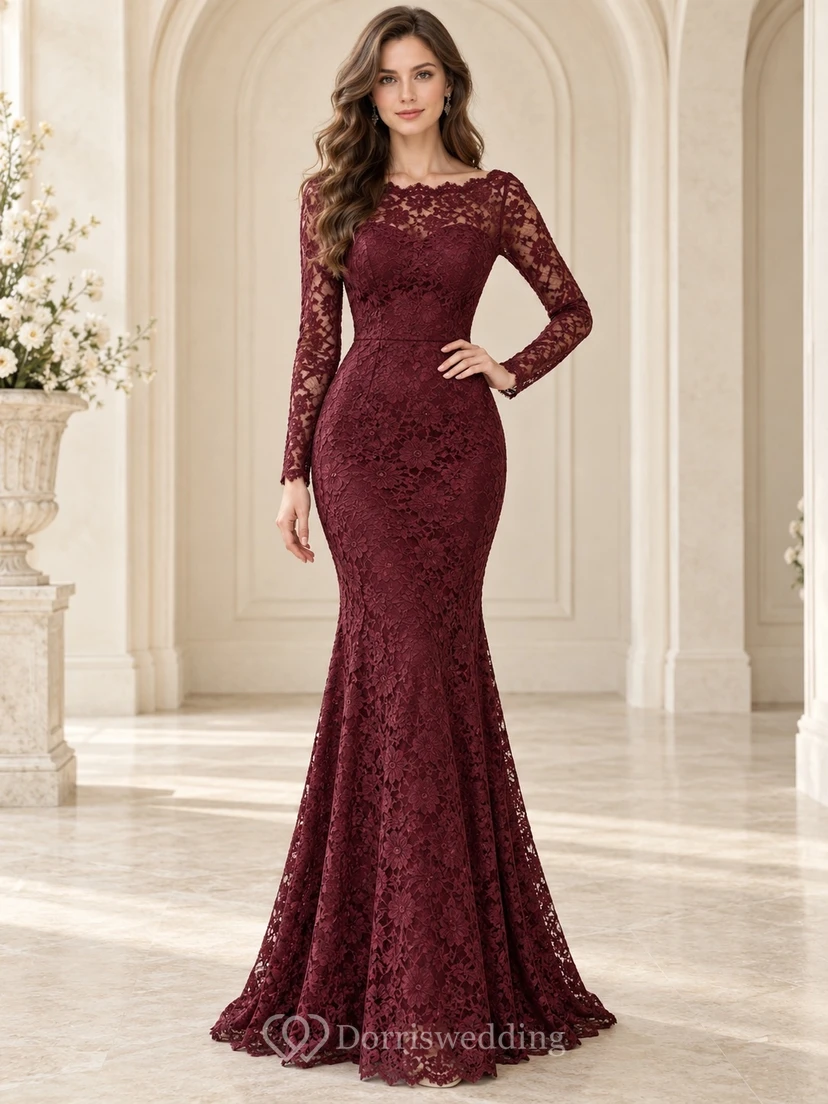 Vestido de noche formal de sirena color borgoña con escote barco festoneado, mangas largas ilusión, encaje floral y cola larga.