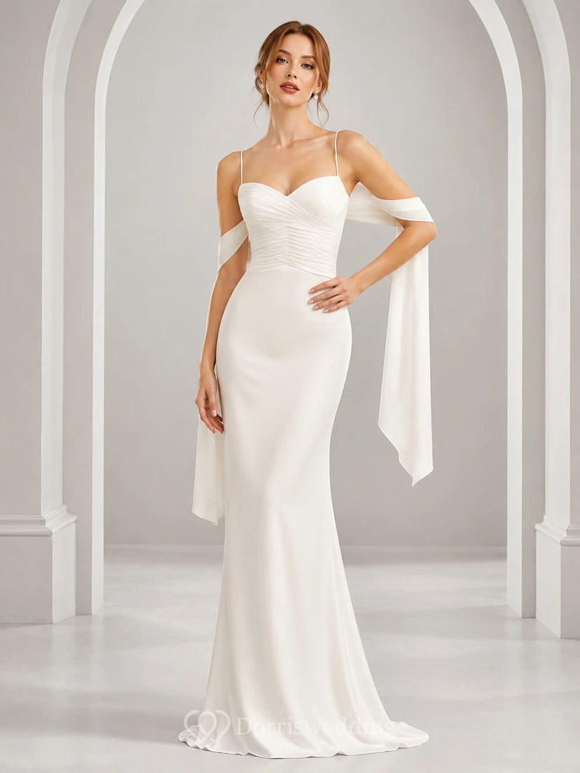 Simple off shoulder satin sheath bridal dress with draped sleeves