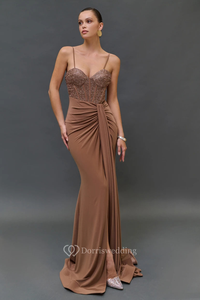 Sexy Spaghetti Ruched Sheath Split Dress with Sequin view 3