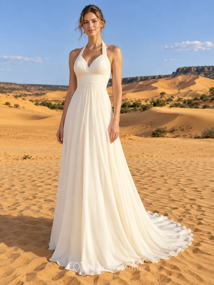 Empire Halter V Neck Crepe Wedding Dress with Pleated Bodice and Court Train