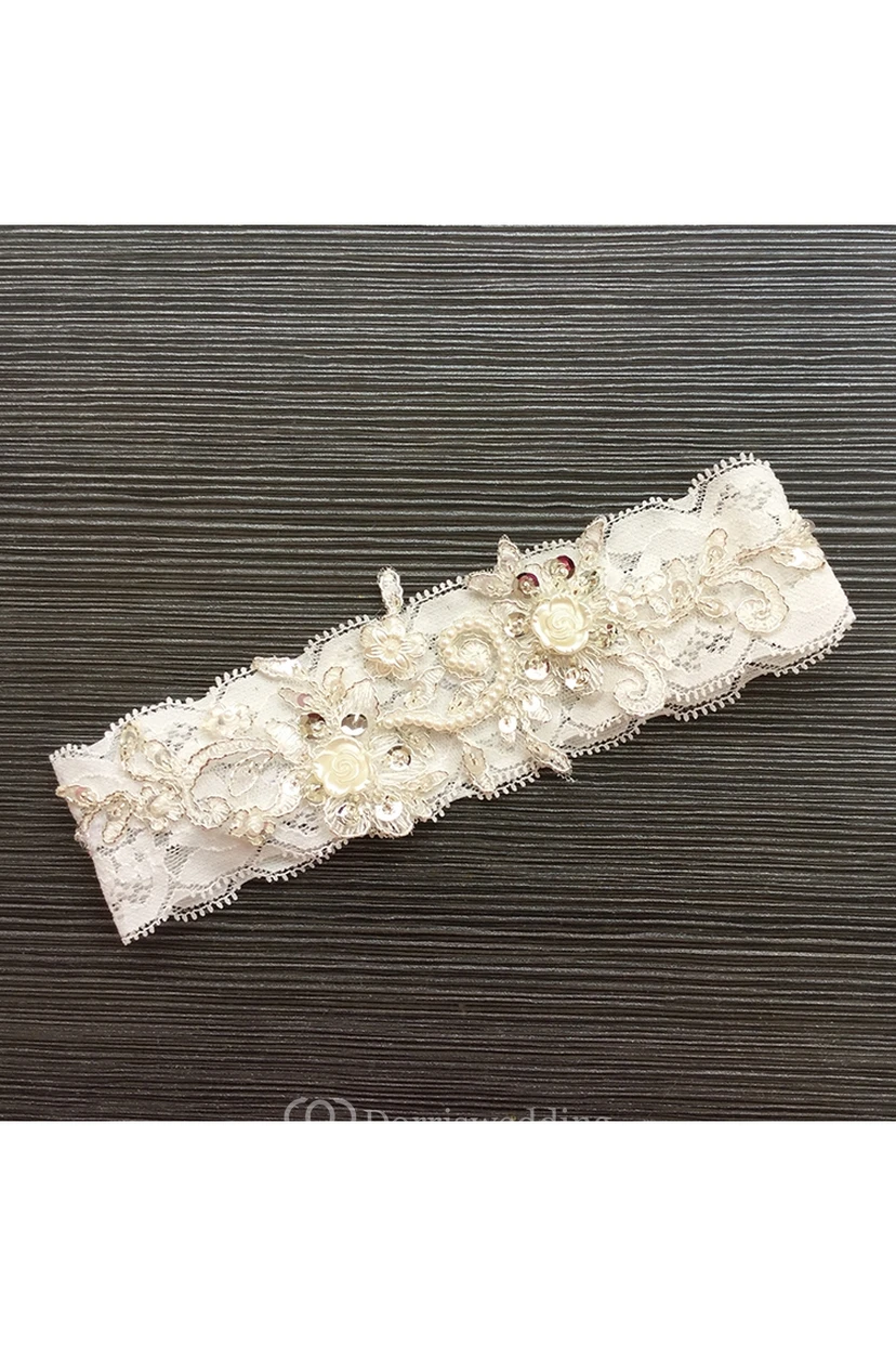 Beaded Pearl Lace Applique Stretch Sexy Garter Within Within 16-23inch view 2