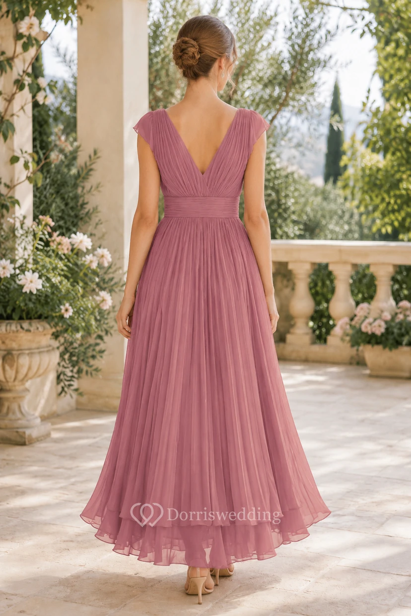 Robe de soirée en mousseline rose poudré à col en V et longueur thé view 2