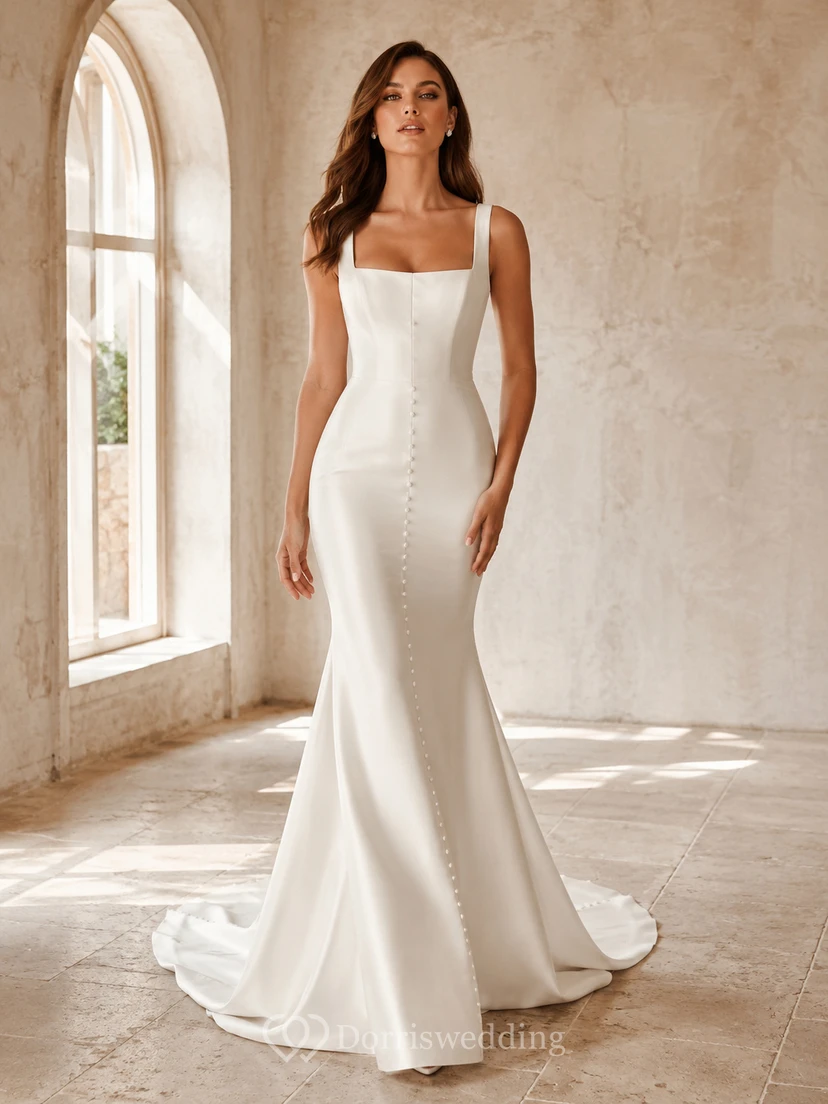 Vestido de novia moderno de satén sin mangas con escote cuadrado y cola de capilla