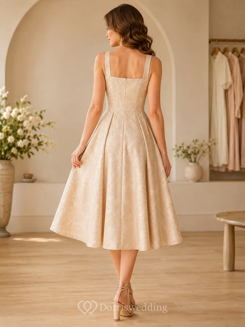 Champagne Square Neck Straps Sleeveless Satin A-Line Tea-Length Dress view 2