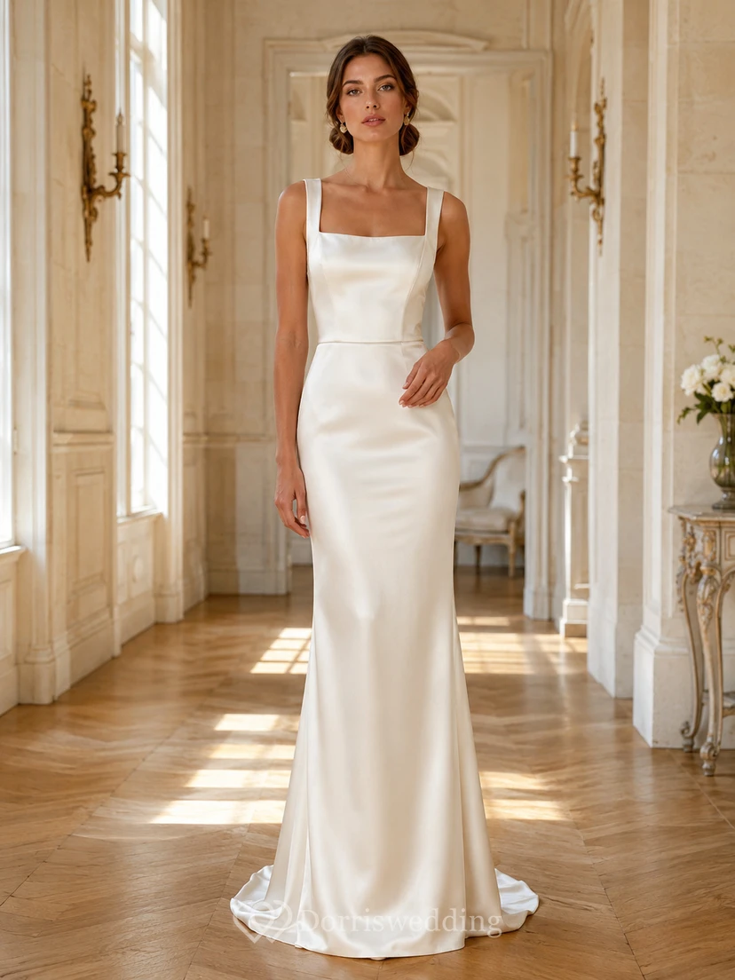 Robe en satin à col carré perle, style ancien, ornée de perles