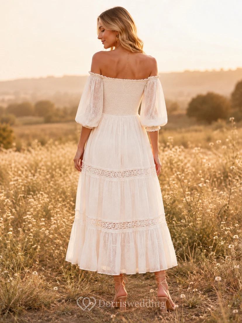 Vestido blanco de encaje con hombros descubiertos, mangas abullonadas fruncidas y volantes, estilo bohemio, ideal para un jardín de té. view 2