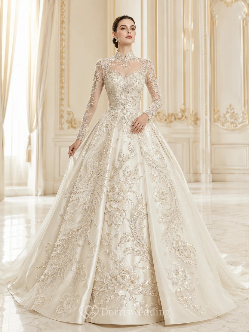 Robe de bal en dentelle florale à manches longues et col montant, traîne chapelle illusion