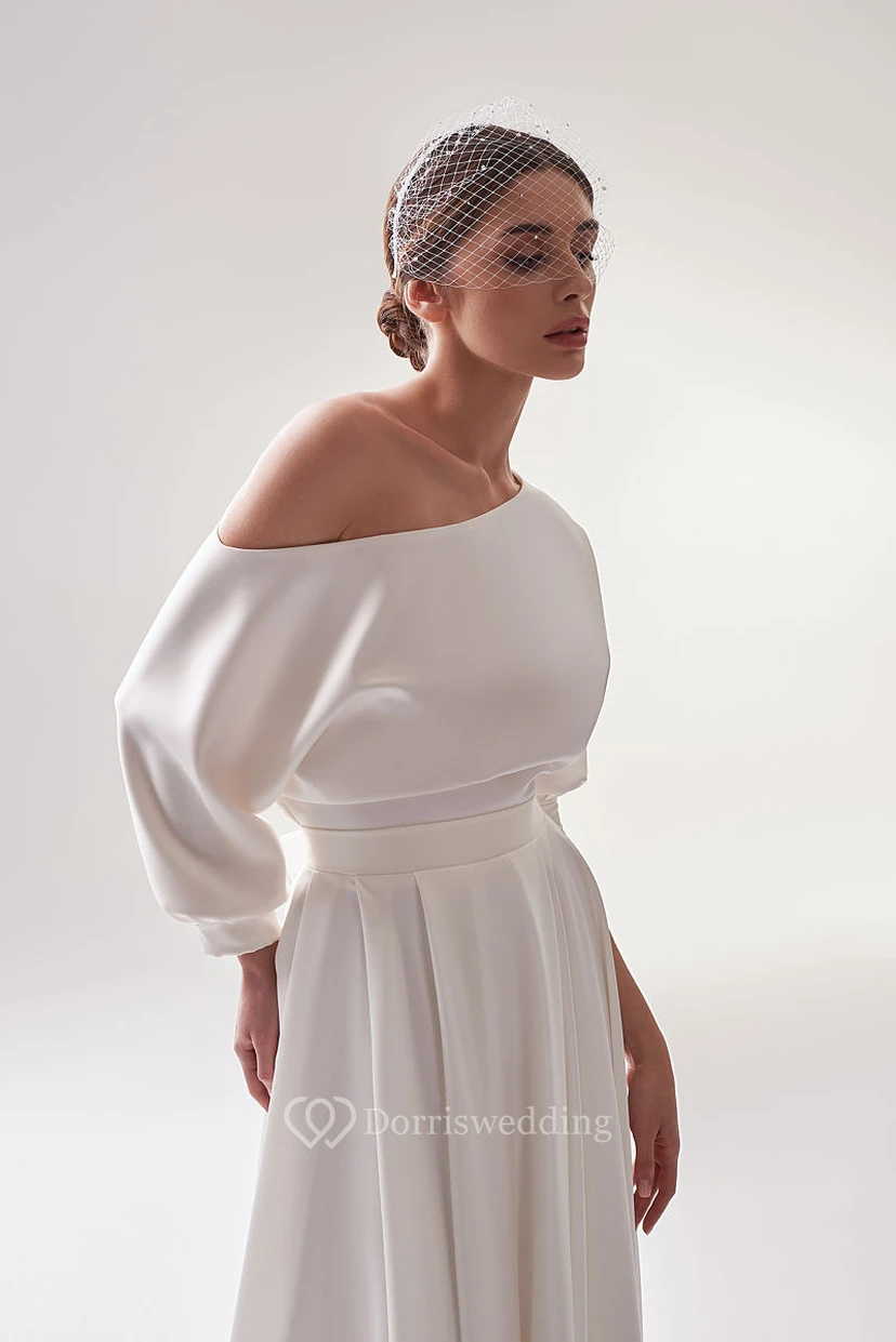 Schlichtes Chiffon-Hochzeitskleid mit Rundhalsausschnitt und halben Ärmeln view 4
