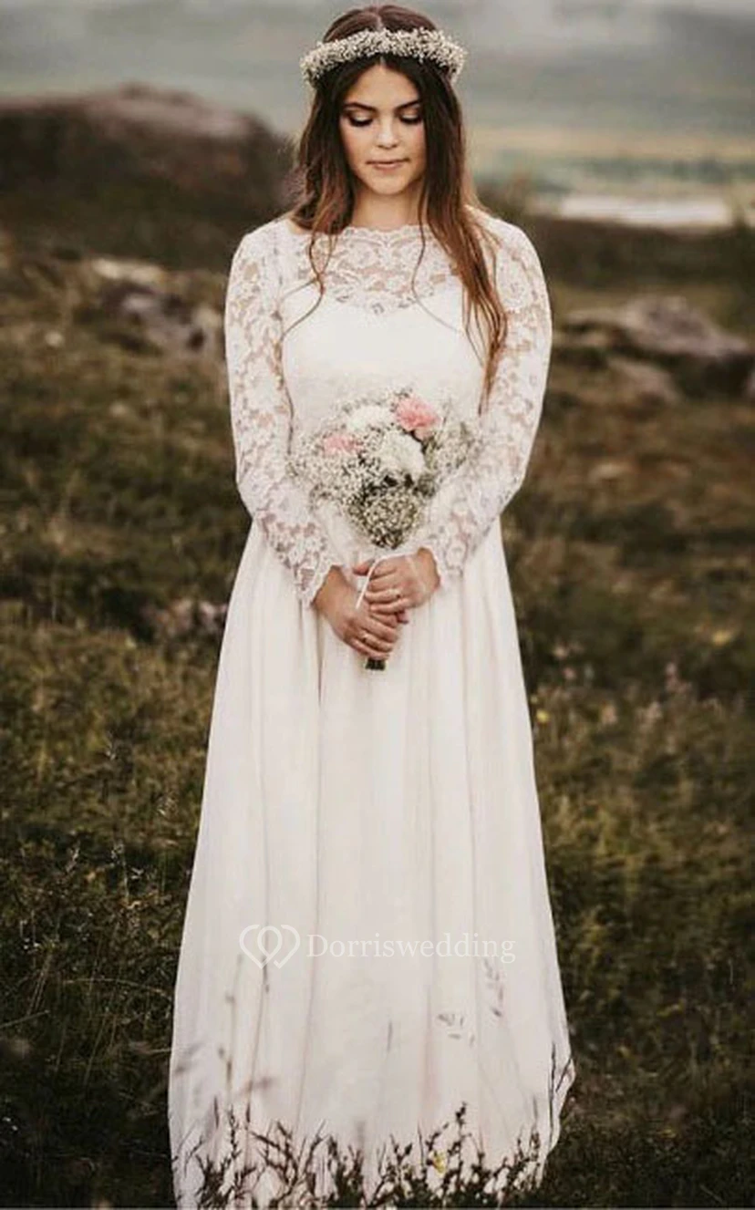 Robe de mariée fourreau en mousseline à col bateau, manches longues et dos nu, en dentelle et mousseline, avec encolure bateau et dos nu.