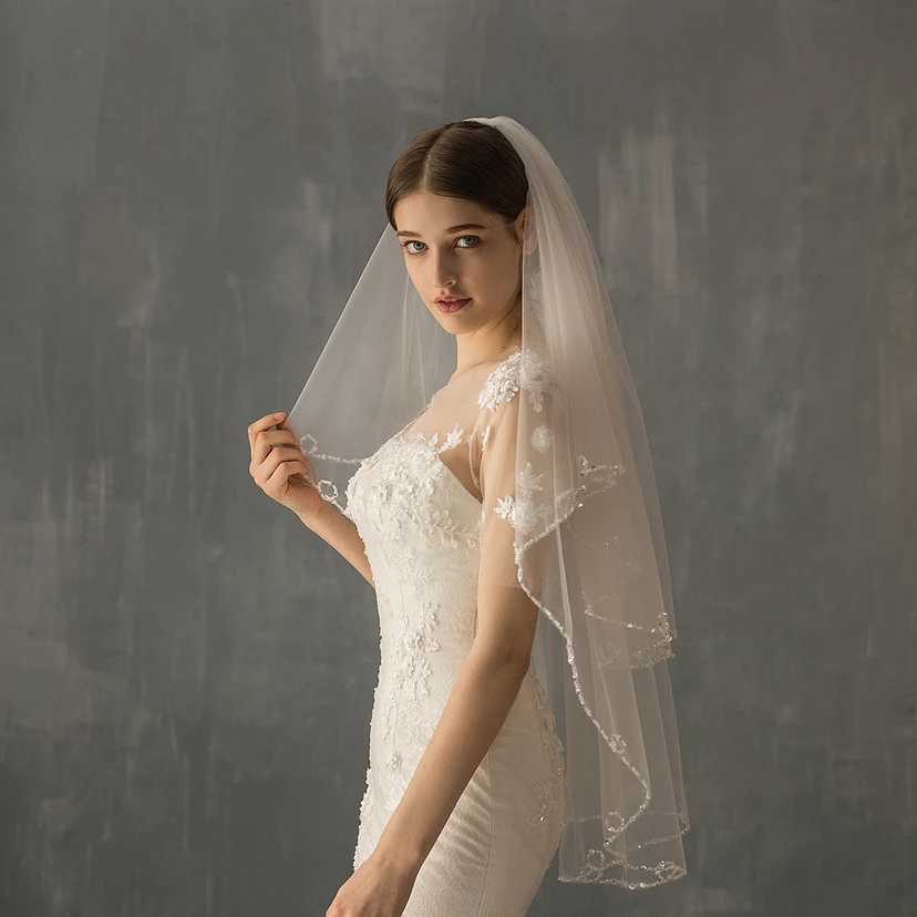 Original Handmade Chic Two Tier Fingertip Veil with Beads Trim view 3