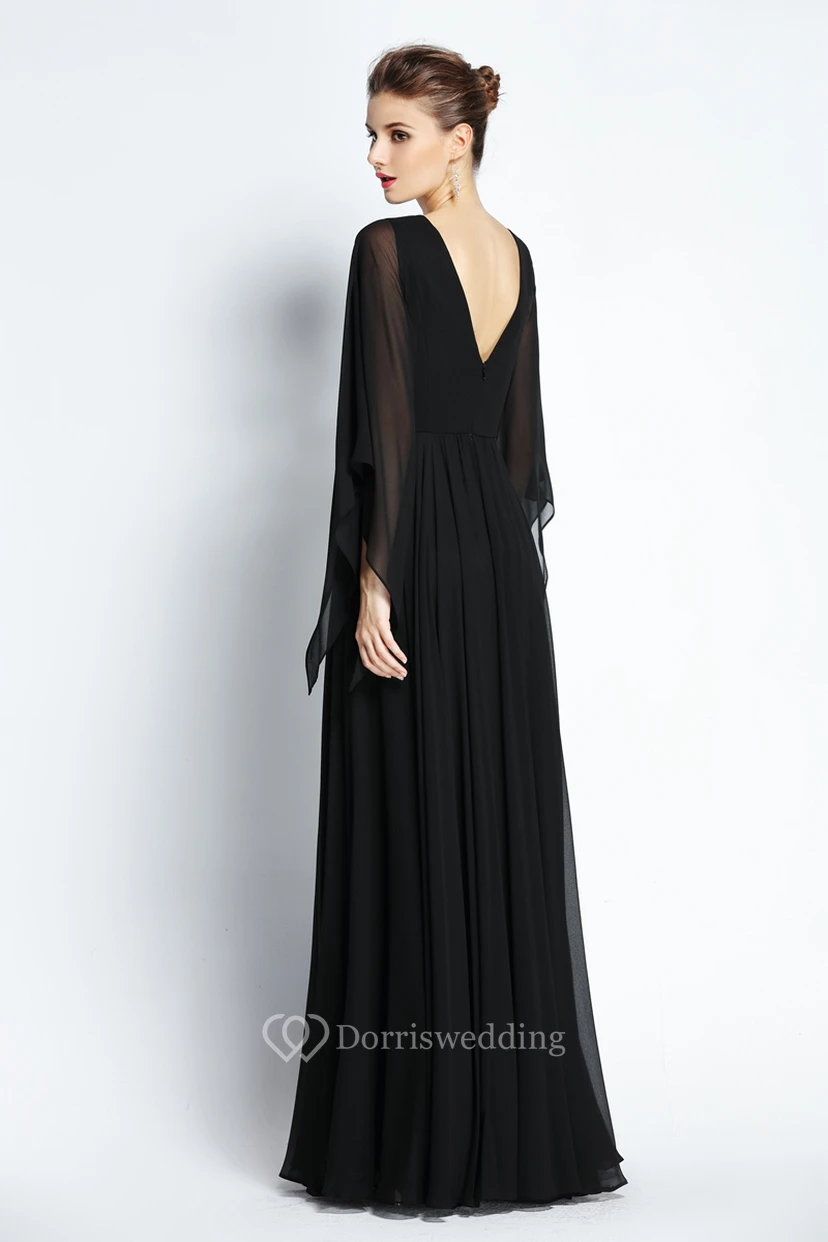 A-Linien-Abendkleid aus bodenlangem Chiffon mit langen Ärmeln, Perlenstickerei und Falten view 2