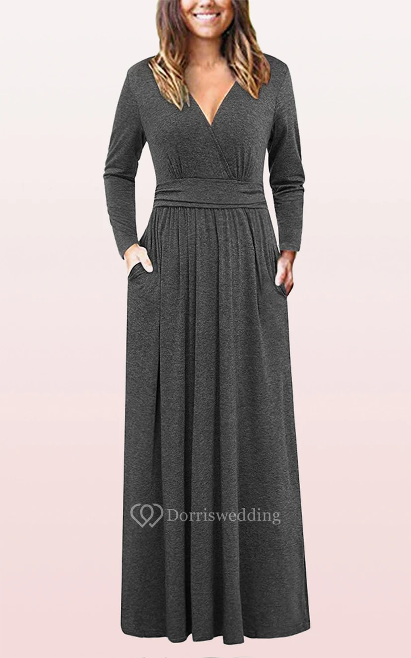 Ethereal Jersey V-neck A Line Guest Formal Dress With Pockets view 6