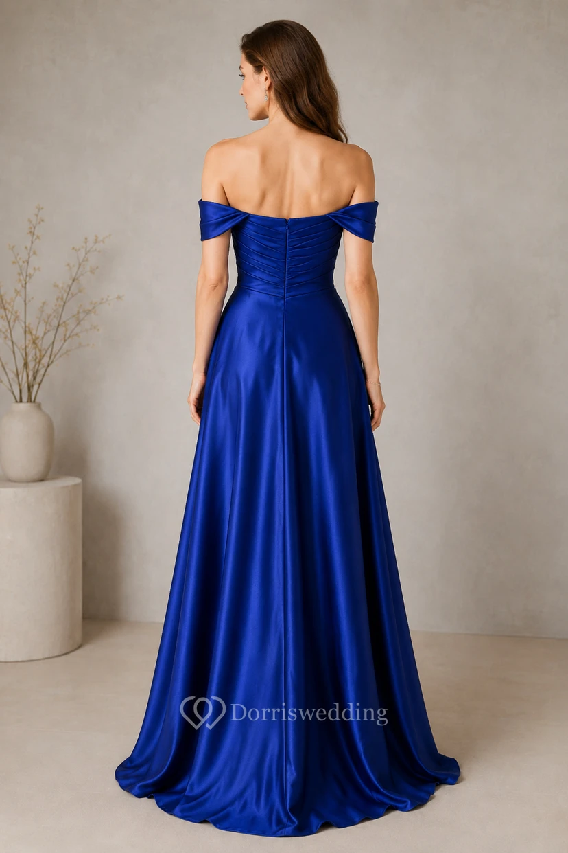 Königsblaues schulterfreies A-Linien-Abendkleid aus Satin view 2