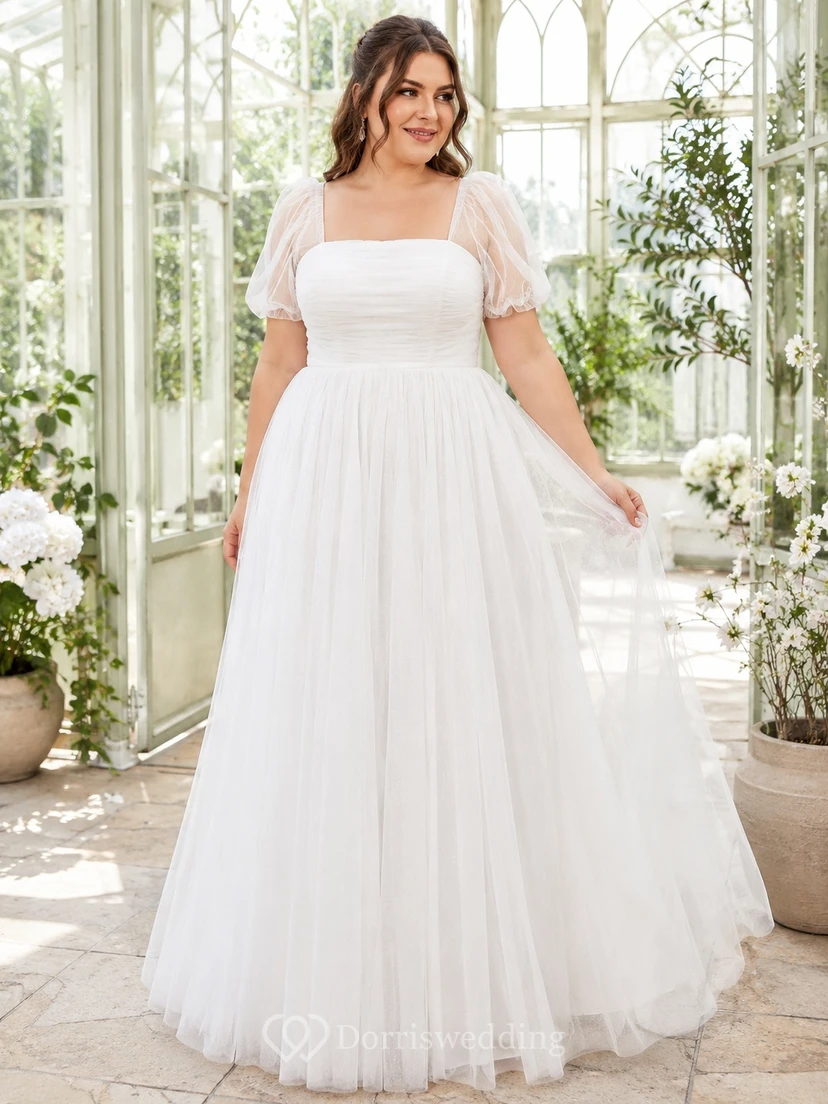 Romantic Plus Size Square Neck Puff Sleeve Tulle A Line Bridal Wedding Dress