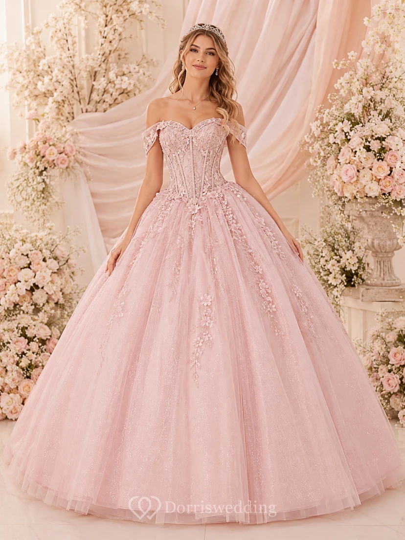 Vestido de gala de lujo Rose Princess Blush, largo hasta el suelo, con hombros descubiertos y manga corta, de tul, para quinceañera.