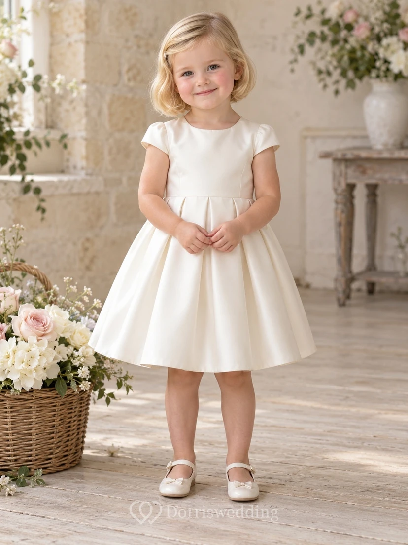 Modest Ivory Knee Length Cap Sleeve Pointed Rose Bow Pleated Satin Flower Girl Dress view 2