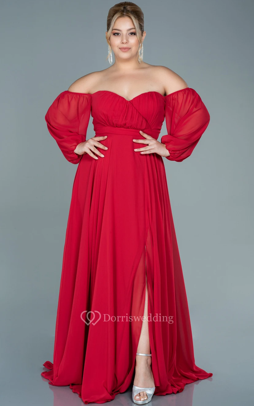 Off-the-shoulder Sweetheart Empire Plus Size Chiffon Front Split Evening Dress view 3
