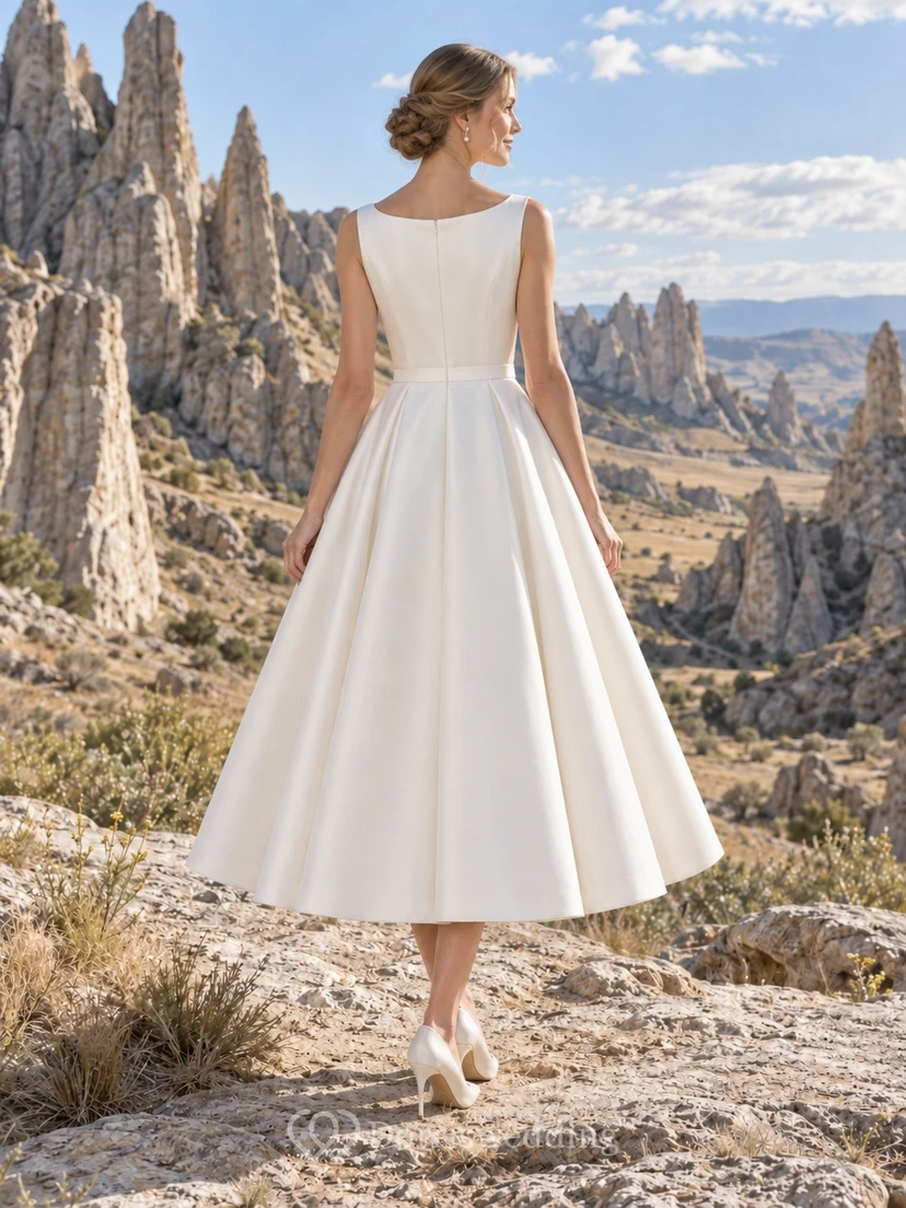 Sencillo vestido de novia de satén de corte A, largo hasta la rodilla, con escote barco y sin mangas, falda plisada. view 2