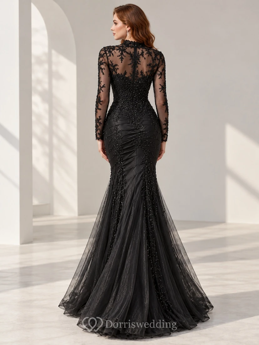 Robe de soirée sirène noire à manches longues, froncée et ornée de dentelle. view 2