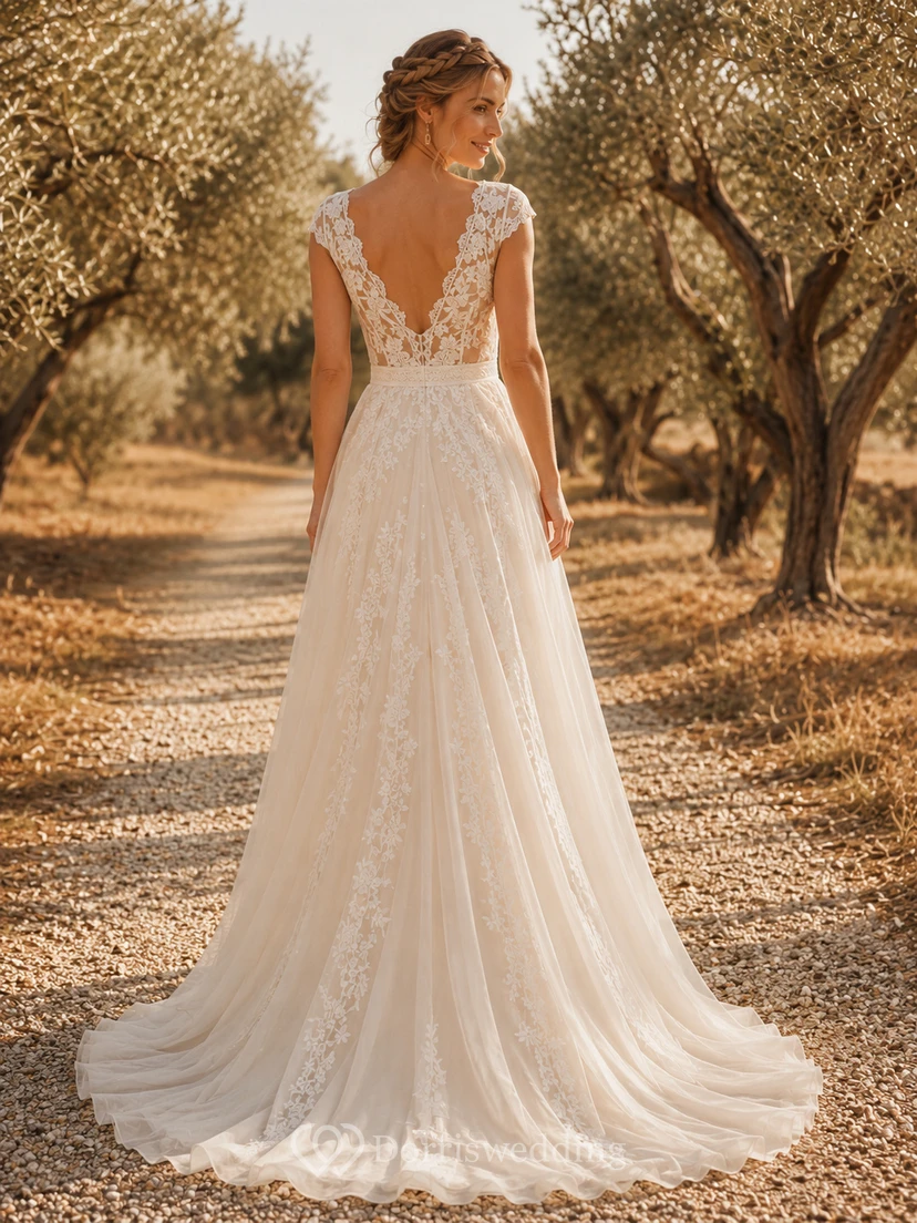 Boho V Neck Cap Sleeve Floral Lace Chiffon A-Line Sweep Wedding Gown view 2