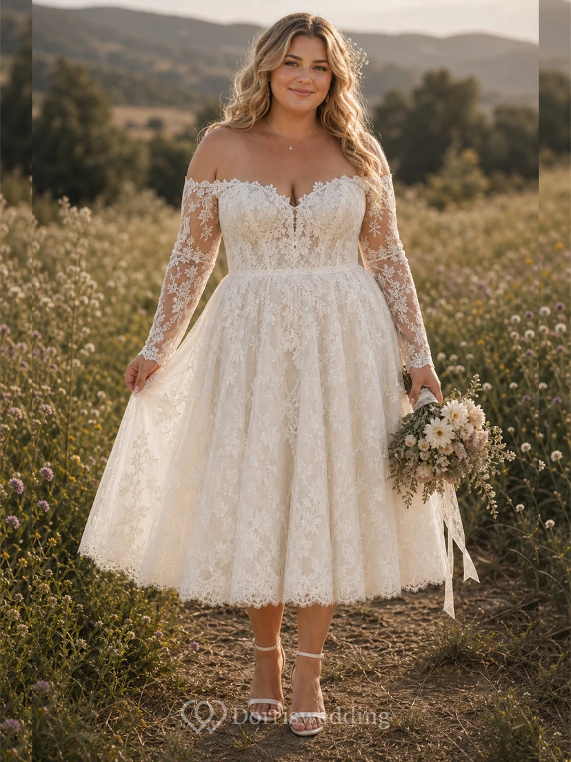 Boho-Brautkleid in Teelänge mit schulterfreiem Ausschnitt, langen Spitzenärmeln und voluminösem, floralem Spitzen-Midirock view 4