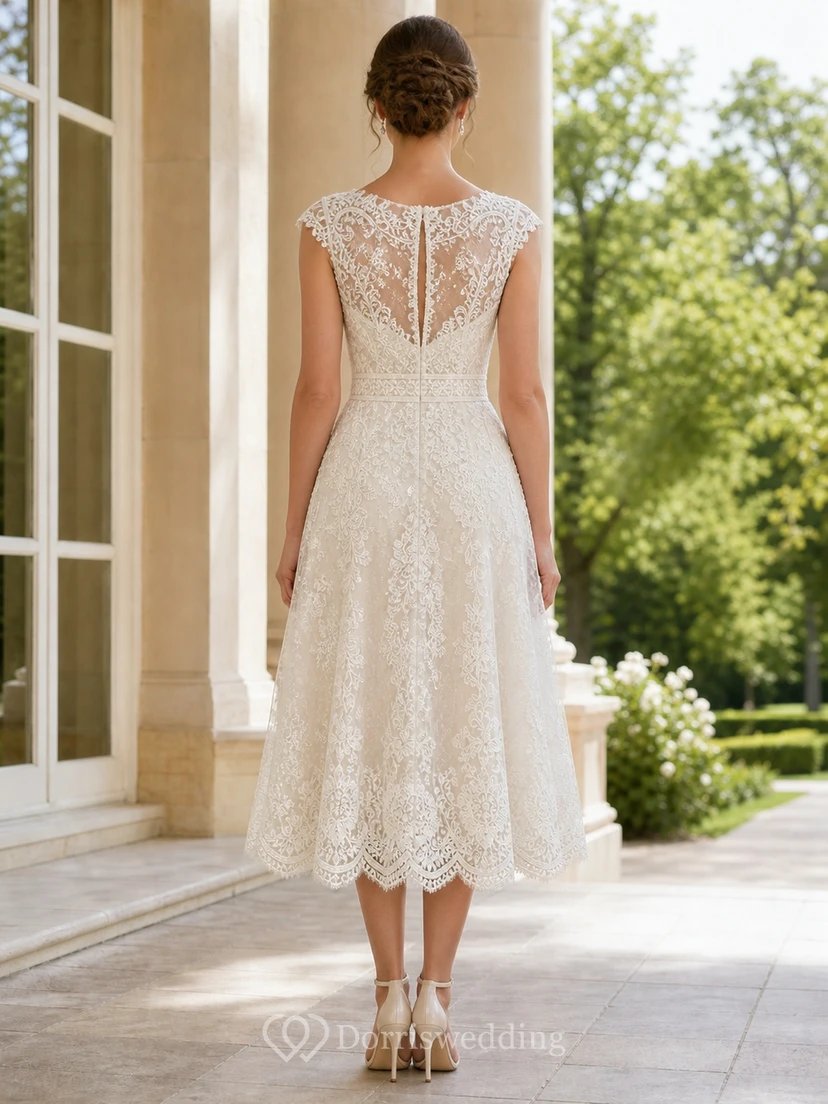 Teelanges Boho-Hochzeitskleid mit hohem Kragen, Spitze, kurzen Ärmeln und A-Linien-Schnitt view 2