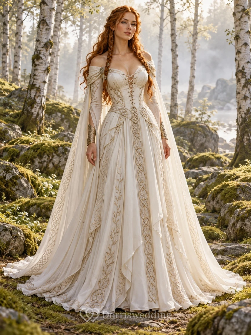 Viking Vintage schulterfreies Korsett-Brautkleid mit Glockenärmeln und A-Linien-Design