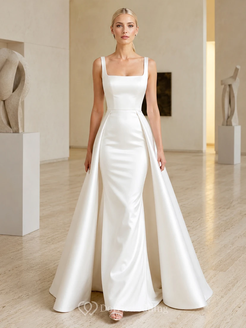 Robe de mariée longue en satin, coupe trapèze, bretelles carrées, poches et décolleté carré