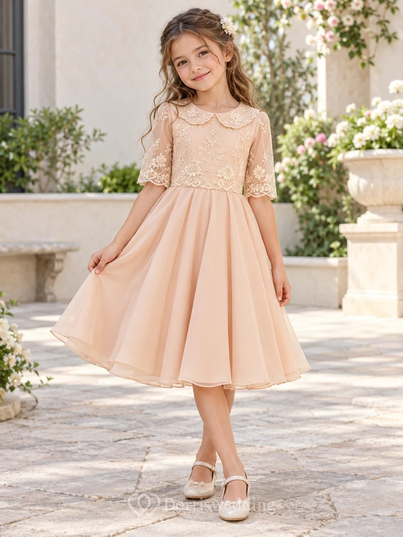 Blush Lace Collar Elbow Sleeve Chiffon Flower Girl Dress