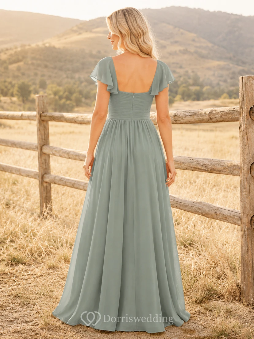 Sage Chiffon A-Line V-Neck Flutter Sleeve Pleated Low Back Floor-Length Bridesmaid Dress view 2