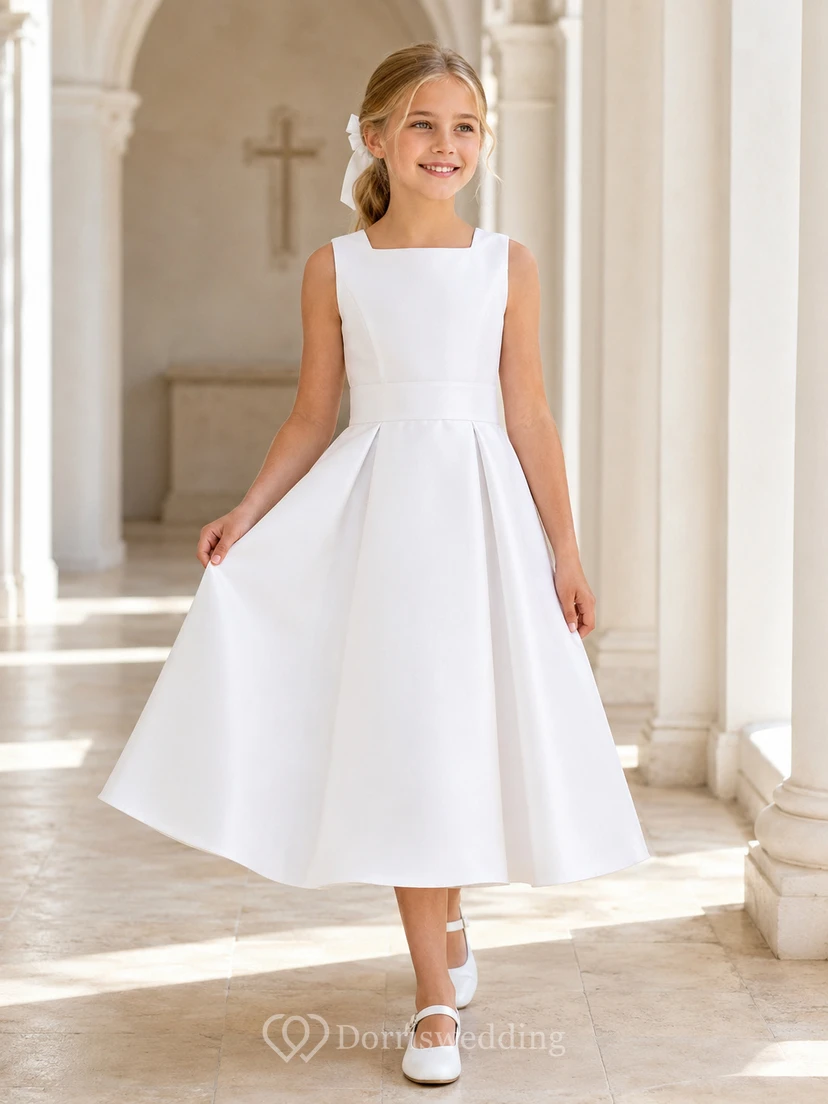 Ärmelloses, plissiertes Satin-Kommunionkleid für Blumenmädchen in Teelänge