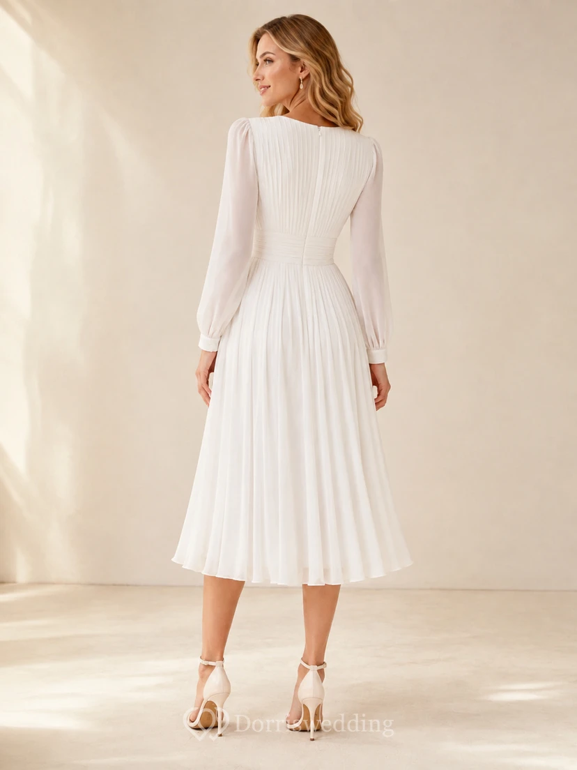 Robe de mariée romantique en mousseline plissée à col en V et manches poétiques, style jardin de thé view 2